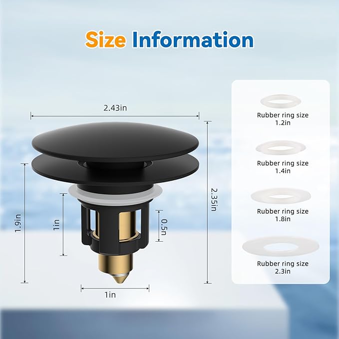 iFealClear Universal Black Bathroom Sink Stopper, Metal Pop Up Sink Drain Strainer with Hair Catcher, Fit 1.1"-2.36" US Basin, Wash Basin Drain Plug, Big Cover Cap, Brass Bounce Core, Matte Black