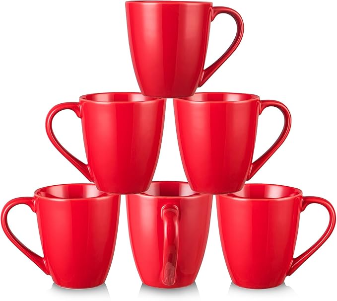 vicrays Coffee Mug Set, 12 Ounce, Ceramic Mug for Men, Women, Unique Glazed Mugs with Handle for Coffee, Tea, Milk, Cocoa, Cereal - Set of 6 Red