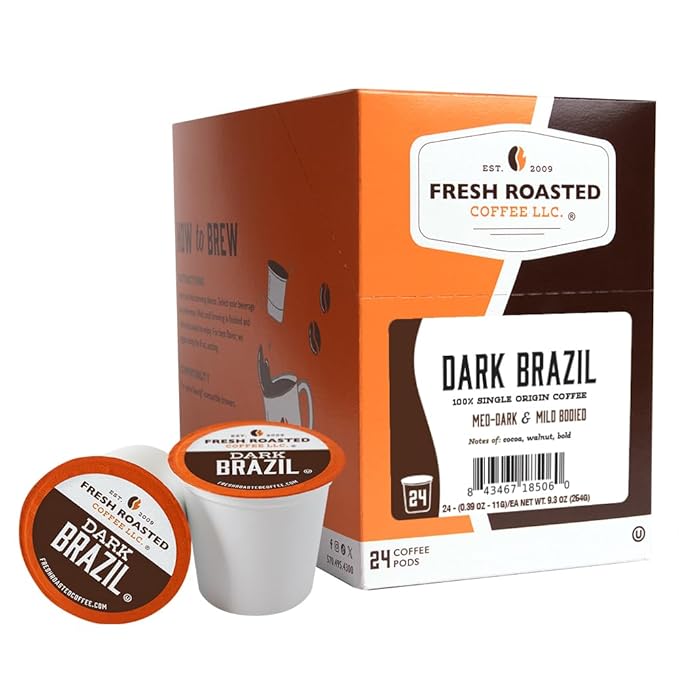 Fresh Roasted Coffee, Dark Brazil, Med-Dark Roast, 24 Pods for K Cup Brewers