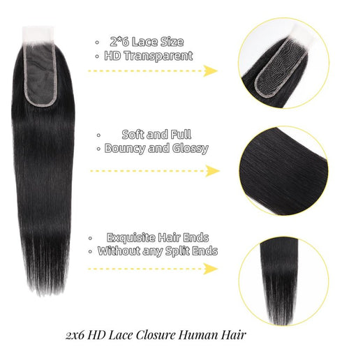 2x6 HD Lace Closure Straight Human Hair 16 Inch 2 by 6 HD Lace Closure 100% Brazilian Virgin Unprocessed Middle Part Human Hair Kim K Closure With Baby Hair Natural Color