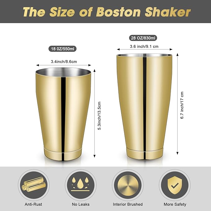 Sabary 6 Pcs Cocktail Shakers Professional Bar Shaker Boston Set Stainless Steel Martini Drink Mixer Basic Tool Weighted Shake Metal Can Cocktail Shaker Set, 18 Oz, 28 oz (Gold)