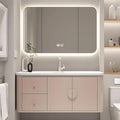 56IN Pink Modern Bathroom Vanity - Bathroom Vanities Set with 2 Drawers Wall Mounted | Rounded Corner Smart Defogging Mirror Cabinet with Lighting & Time Display, Side Opening Storage Shelf (Style A)