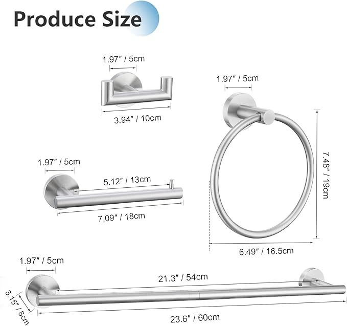 10-Piece Towel Bar Set Brushed Nickel Bathroom Hardware Set Upgraded Towel Hooks Towel Holder Set for Bathroom Stainless Steel Wall Mounted Bathroom Accessories Set 23.6 Inch