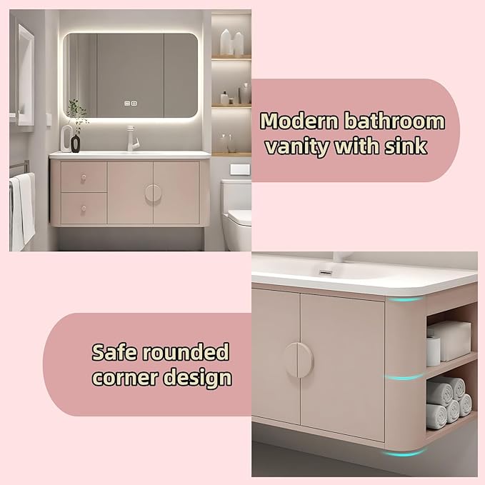 56IN Pink Modern Bathroom Vanity - Bathroom Vanities Set with 2 Drawers Wall Mounted | Rounded Corner Smart Defogging Mirror Cabinet with Lighting & Time Display, Side Opening Storage Shelf (Style A)