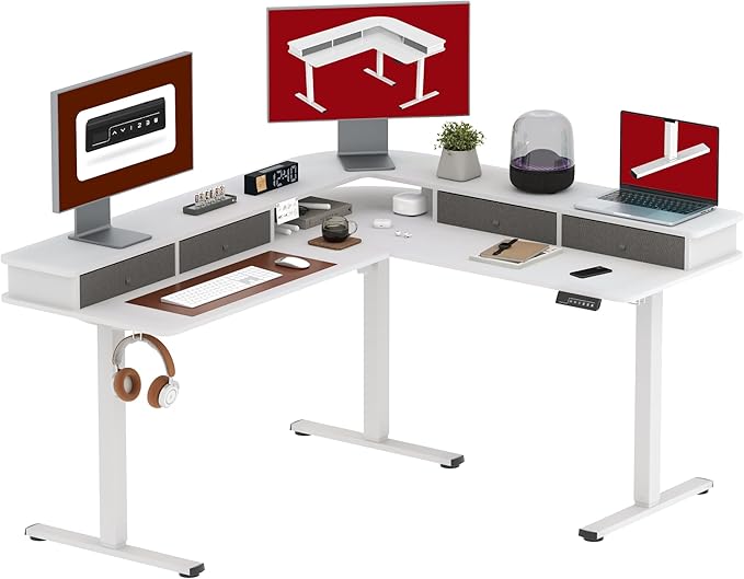 SANODESK 63" L Shaped Standing Desk with 3 Drawers, Height Adjustable Stand up Desk, Corner Gaming Desk with Monitor Stand, White Frame/White Top