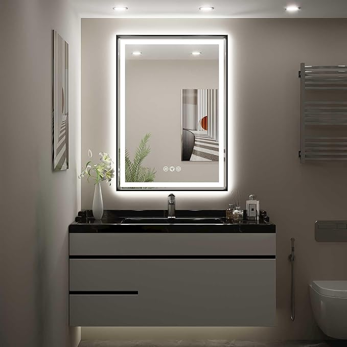 LED Bathroom Mirror, 20x28 Inch Frontlit & Backlit Black Framed Lighted Mirror,Wall Mouted Vanity with Lights,Double Lights Strips,Anti Fog Stepless 3 Colors Temperature & Dimmable