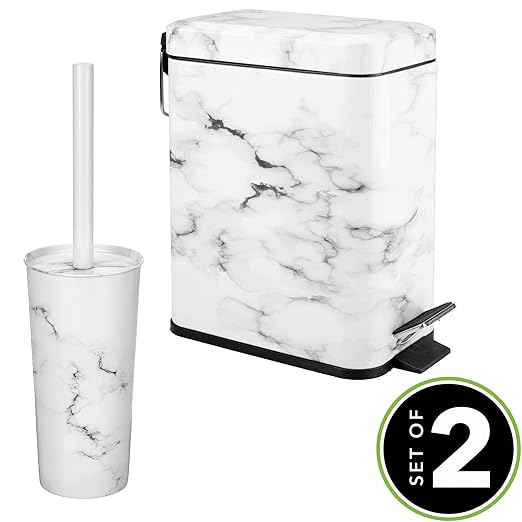 mDesign Metal Freestanding Slim Toilet Bowl Brush and Holder + Rectangle Narrow 5 Liter / 1.3 Gallon Step Pedal Trash Can Wastebasket for Bathroom - Small, Compact Design - Set of 2 - White Marble