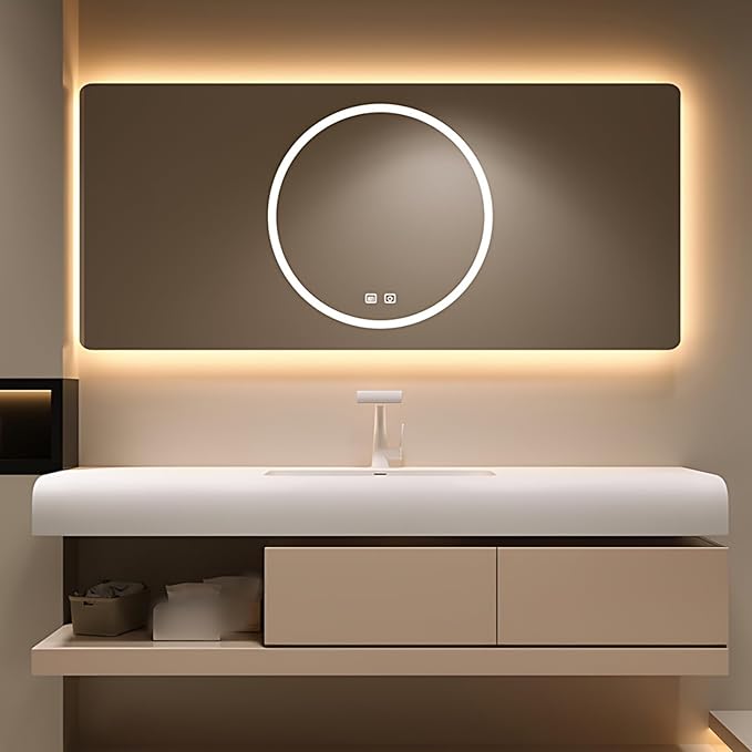 60IN Bathroom Vanity with Sink - Bathroom Cabinet Set has 2 Drawers & Overflow Hole Wall Mounted | LED Practical Defogging Mirror, Open Compartments, Seamless Rock Slab Basin (Khaki)