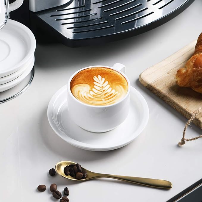 Sweejar Porcelain Espresso Cups with Saucers, 2.5 Ounce Stackable Cappuccino Cups with Metal Stand for Coffee Drinks, Latte, Tea - Set of 4 (Black)