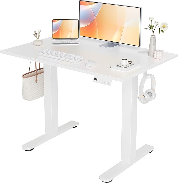 Seang Electric Height Adjustable Standing Desk, 40 x 24 Inch Sit-Stand Workstation with T-Style Frame, 3 Memory Height Options & Built-in Cable Management for Home Office, White Frame/White Top