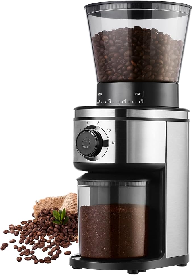 Burr Coffee Grinder, Electric Conical Coffee Bean Grinder With 30 Adjustable Grind Settings For 2-12 Cups, Sliver & Black