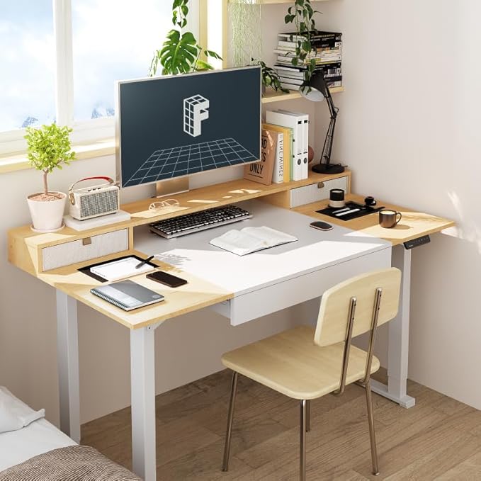 FLEXISPOT 4-Leg Standing Desk with Storage 71x32 in Electric Adjustable Height with 3 Drawers & Shelving Home Office Workstation (White + Maple Top)