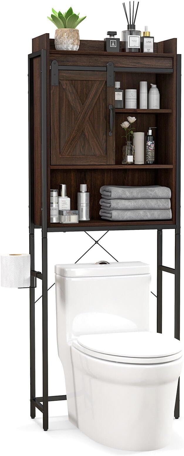 LOKO Over The Toilet Storage Cabinet, Freestanding Bathroom Space Saver with Adjustable Shelves & Sliding Barn Door, 4-Tier Over Toilet Bathroom Organizer, 25 x 9.5 x 67.5 inches (Espresso)