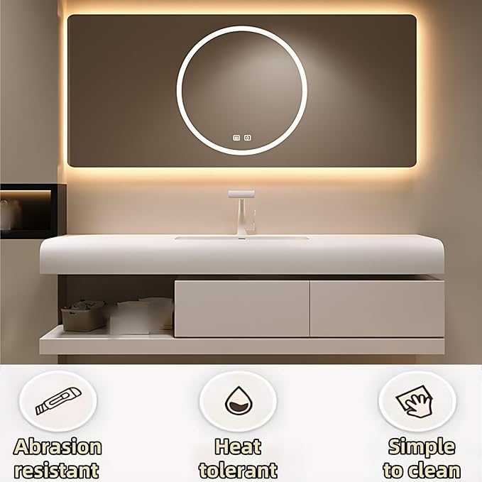 48IN Bathroom Vanity with Sink - Bathroom Cabinet Set has 2 Drawers & Overflow Hole Wall Mounted | LED Practical Defogging Mirror, Open Compartments, Seamless Rock Slab Basin (Cream White)