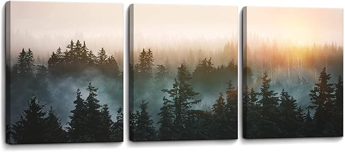 Forest Bathed in Sunlight Canvas Print Picture Painting Wall Art for Bedroom Living Room Framed 3 Piece Artwork Wall Decor for Bathroom Modern Room Plants Wall Decorations Size 12x16x3 Ready to Hang