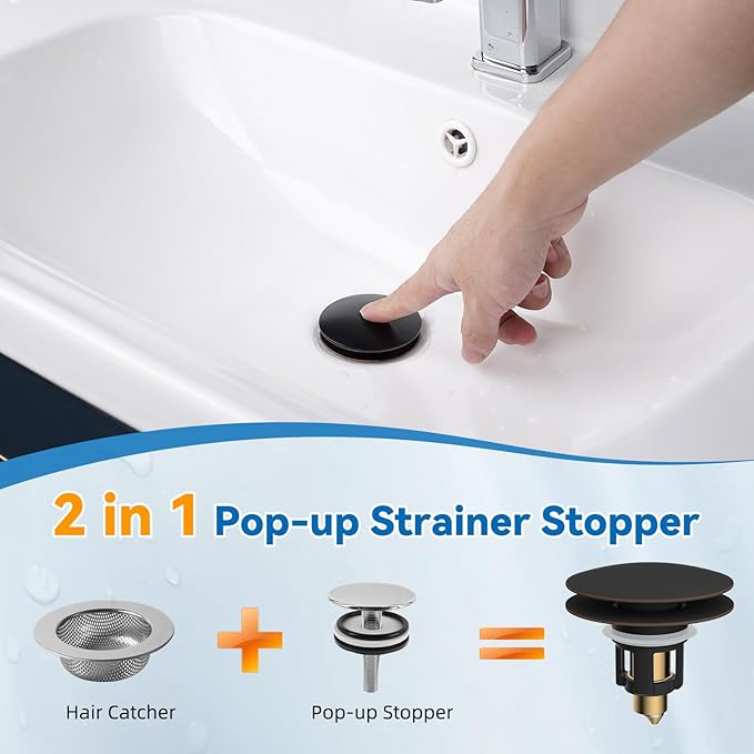 iFealClear 2 Pack Universal Bathroom Sink Stopper, Pop Up Sink Drain Strainer with Hair Catcher, Fit 1.1"-2.36" US Basin, Wash Basin Drain Plug with Big Cover Cap, Brass Bounce Core, Oil Rubbed Bronze