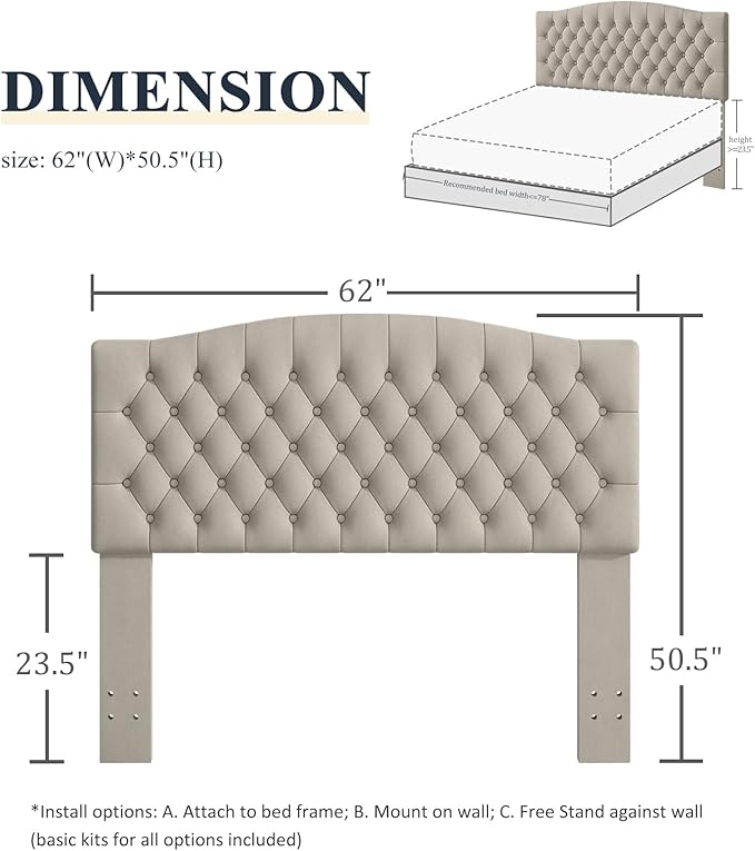 Queen Headboard Only, Upholstered Head Board for Adjustable Bed Velvet Tufted Queen/Full Size Wall Mounted Headboard with Solid Wood Legs Head Board, Taupe