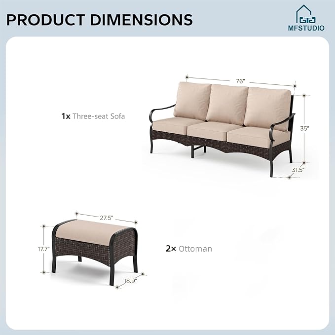 MFSTUDIO Outdoor Patio Furniture Set, Rattan Wicker Patio Sectional, Metal Outdoor Conversation Set with 3-Seat Sofa, 2 x Ottoman