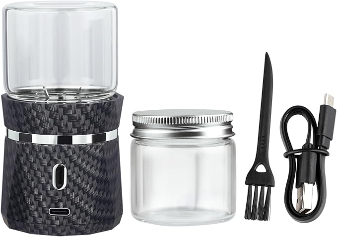 Unique Electric Herb Grinder, Small Spice Grinder Electric herb Grinders Mini Size 2x3.5inches with 2pcs 1.7oz/50ml Glass Jar Herb Jar Portable Grinders Rechargeable Automatic herb Grinder