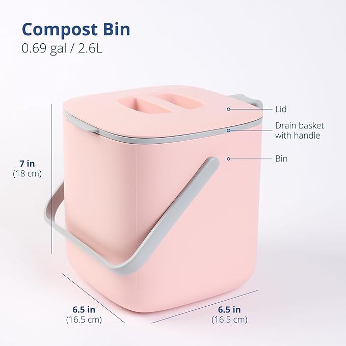 BLUE GINKGO Kitchen Compost Bin [2.6L / 0.69 GAL] – Filter-Free, Odor-Tight Countertop Food Waste Pail with Handles (Made in Korea, Pink)