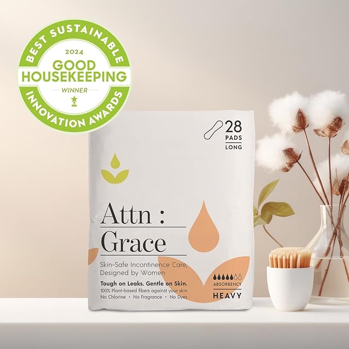 Attn: Grace Heavy Incontinence Pads for WomenWomen 2-Pack (56 Pads Total / 28 per Pack) - High Absorbency for Sensitive Skin | Protection for Heavy Bladder Leakage/Discreet, Breathable, & Plant-Based