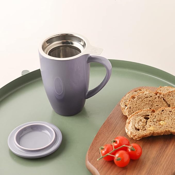 Sweejar Porcelain Tea Infuser Mug with Lid, 16 oz Teacup with Strainers for Loose Leaf Tea, Microwave and Dishwasher Safe Coffee Mug(Gradient Purple)