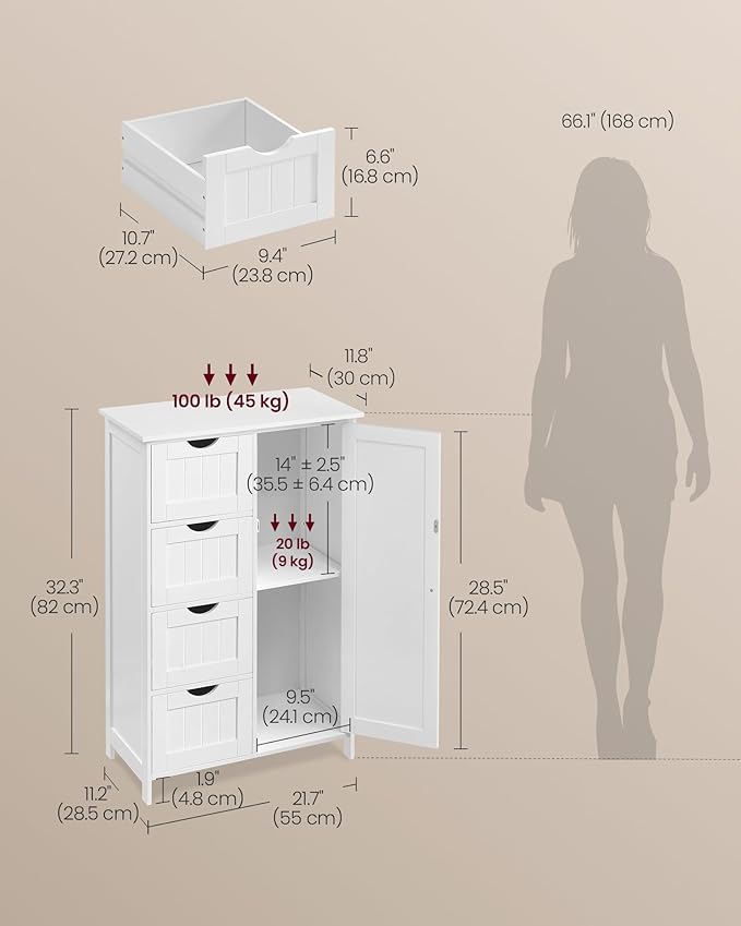 VASAGLE Storage Cabinet with Drawers, Freestanding Floor Cabinet with Door, 11.8 x 21.7 x 32.3 Inches, Adjustable Shelf, for Bathroom, Living Room, Kitchen, Cloud White ULHC041WH01S