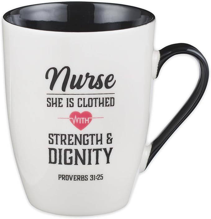 Christian Art Gifts Inspirational Ceramic Coffee & Tea Scripture Mug for Women Nurses: Strength & Dignity Encouraging Proverb, Microwave/Dishwasher Safe Novelty Cup, Cute Heart, White & Black, 12 oz.