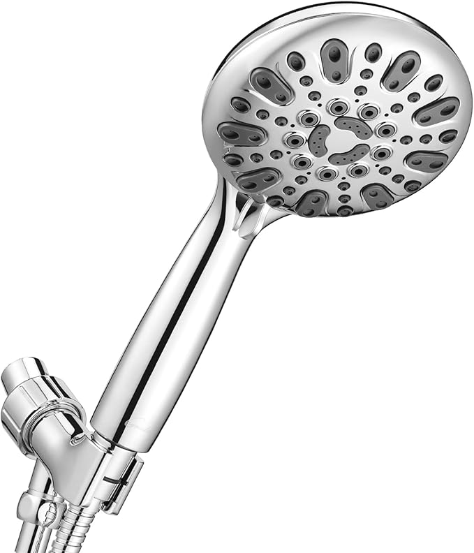 Handheld Shower Head, 6 Spray Setting High Pressure Shower Head with Brass Swivel Ball Bracket and Extra Long Stainless Steel Hose, Chrome, 5"