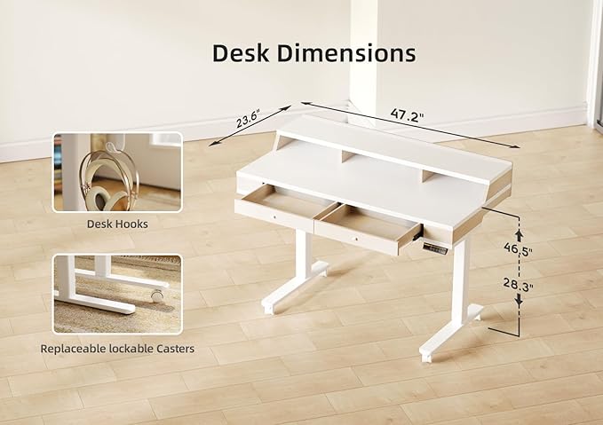 Claiks Standing Desk with Drawers, Electric Adjustable Standing Desk Adjustable Height, Sit Stand Up Desks with Storage Shelves & Wheels, 48 Inch White