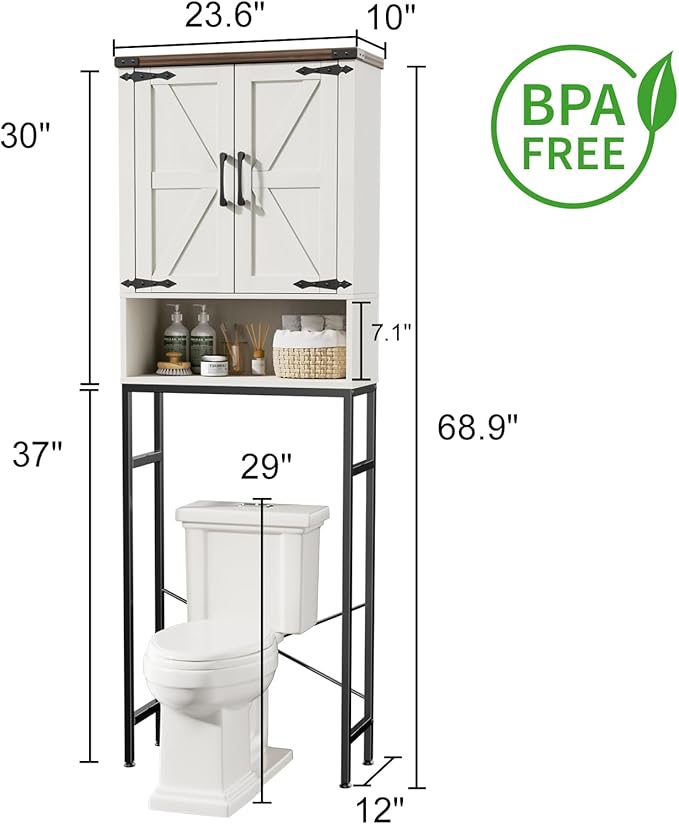 Over The Toilet Storage Cabinet with Farmhouse Doors and Adjustable Shelf, Tall Bathroom Organizer with Metal Stand Space Saver Over Toilet , Wood Rack for Bathroom, Restroom, Laundry, White