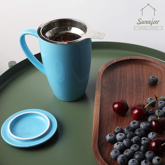 Sweejar Porcelain Tea Infuser Mug with Lid, 16 oz Teacup with Strainers for Loose Leaf Tea, Microwave and Dishwasher Safe Coffee Mug(New Jade)