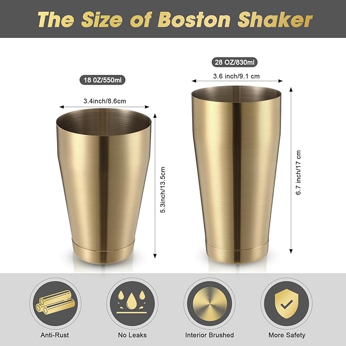 Sabary 6 Pcs Cocktail Shakers Professional Bar Shaker Boston Set Stainless Steel Martini Drink Mixer Basic Tool Weighted Shake Metal Can Cocktail Shaker Set, 18 Oz, 28 oz (Sanding Gold)