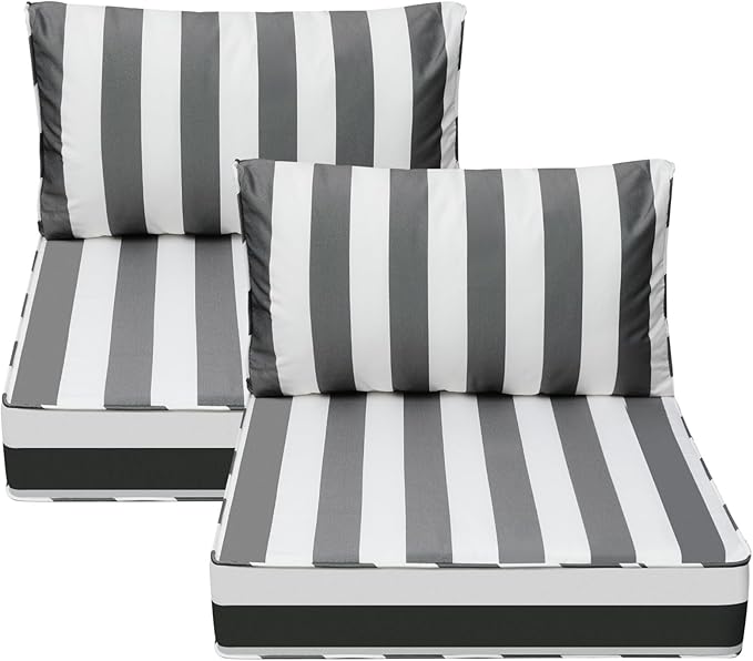 AAAAAcessories Outdoor Deep Seat Cushions, Waterproof, Fade-Resistant Patio Furniture Replacement Cushions, 25.5" x 25.5" x 5" + 25.5" x 13.5", Set of 2, Gray Cabana Stripe