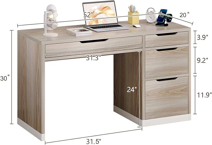 52 Inch Desk with 4 Drawers, Computer Desk with Storage File Cabinet for Bedroom, Small Office Desk with Storage for Small Space, White and Walnut