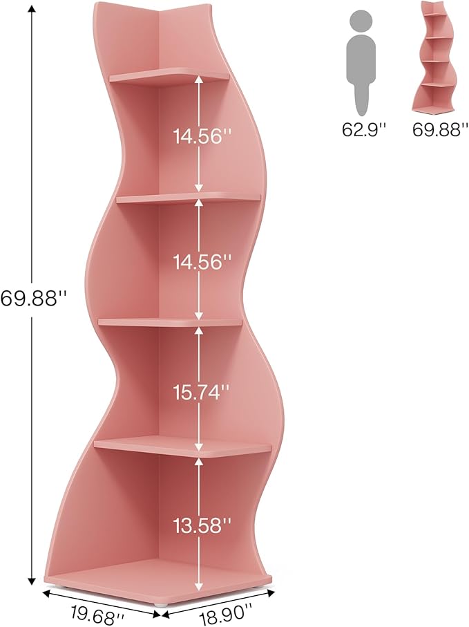 Tribesigns Corner Shelf, Modern 5-Tier Wall Corner Bookshelf, Stylish Corner Small Bookcase Storage Rack Plant Stand with Unique Shape for Living Room, Home Office (Pink, 1PC)