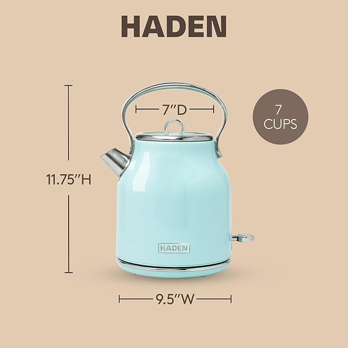 Haden Heritage 1.7 Liter Stainless Steel Electric Kettle, Hot Water Kettle with 360-Degree Base and Auto Shutoff, Turquoise & Chrome