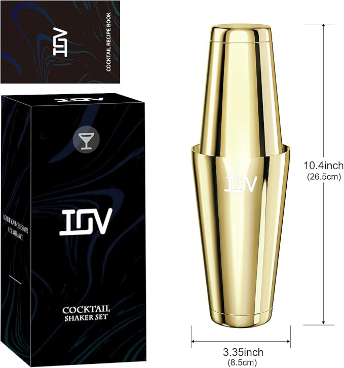 IOV Boston Cocktail Shaker Set, 18oz & 28oz Stainless Steel Weighted Shaker Tins, Metal Martini Drink Mixer for Bartending, Professional Bar Tools with Cocktail Recipe Guide, Gold