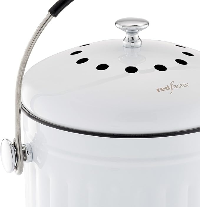 RED FACTOR Premium Compost Bin for Kitchen Countertop - Stainless Steel Food Waste Bucket with Innovative Dual Filter Technology - Includes Spare Filters (White, 1.3 Gallon)