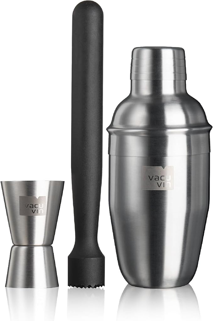 Vacu Vin Cocktail Set – 3-Piece Bar in a Box Starter Kit – Includes Muddler, Jigger & Recipe Guide – Compact Home Bartending Set for Beginners – Easy Cocktail Making Kit & Gift Idea