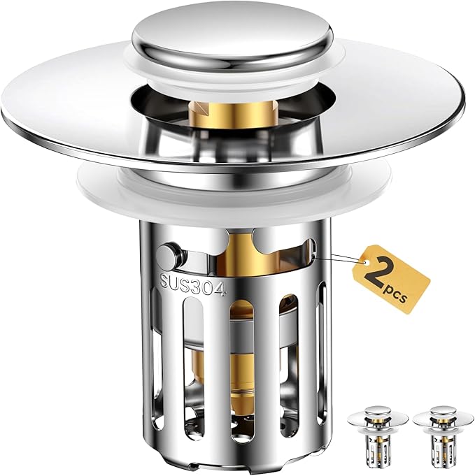 (2 Pc) Bathroom Sink Stopper-All Metal Sink Stopper-Universal Fit 99% Bathroom Sink Stopper with Removable Stainless Steel Hair Catcher-Bathroom Sink Drain Strainer for (1.1'' to 2.36'' inch) Drain