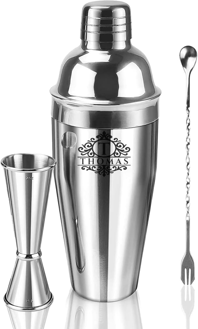 Custom Cocktail Shaker 24 oz, Personalized Engraved Name Martini & Drink Shaker with Strainer & Measurements, Stainless Steel Bar Shaker Set Gift for Bartenders & Cocktail Enthusiasts