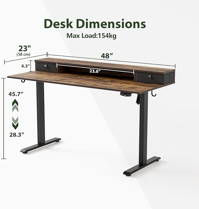 Agilestic Electric Standing Desk with 2 Drawers, 48 x 23 Inches Height Adjustable Desk, 2 Fabric Drawers, Rustic Brown