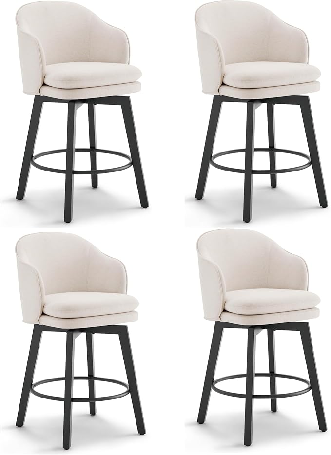 Counter Height Barstools 26 inch Upholstered Swivel Bar Stools with Back and Wood Legs for Kitchen Island,Set of 4,Beige Fabric