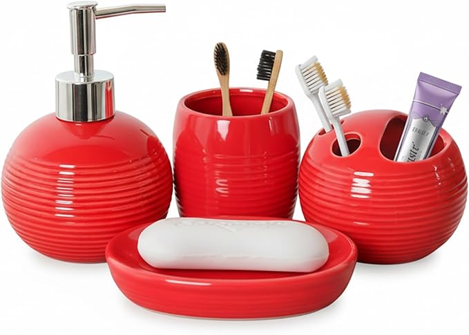 4Pcs Red Bathroom Accessories Set, Modern Ceramic Soap Dispenser, Toothbrush Holder, Tumbler and Soap Dish for Home and Apartment