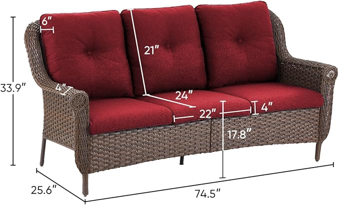 Patio Couch Outdoor Wicker Sofa - Heavy Duty All-Weather Brown Rattan 3-Seater with High Back and Comfortable Thick Cushions for Garden Back Porch Poolside Apartment - Red