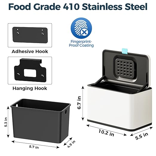 Stainless Steel Hanging Trash Can with Lid and Inner Bucket, 1 Gallon Kitchen Compost Bin for Counter Top, Under Sink or Wall Mount, Small Garbage Can for Cupboard/Bathroom/Bedroom/RV, White