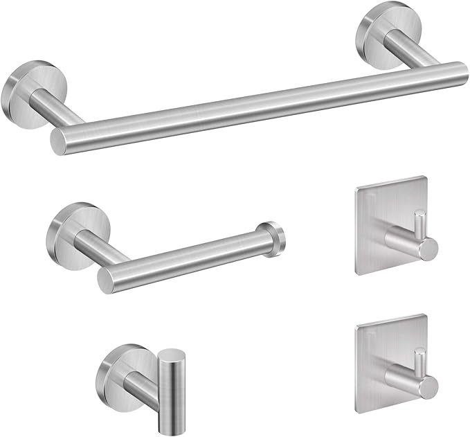 5-Pieces Bathroom Hardware Set Brushed Nickel SUS304 Stainless Steel Round Wall Mounted - Includes 16" Hand Towel Bar, Toilet Paper Holder, 3 Robe Towel Hooks,Bathroom Accessories Kit