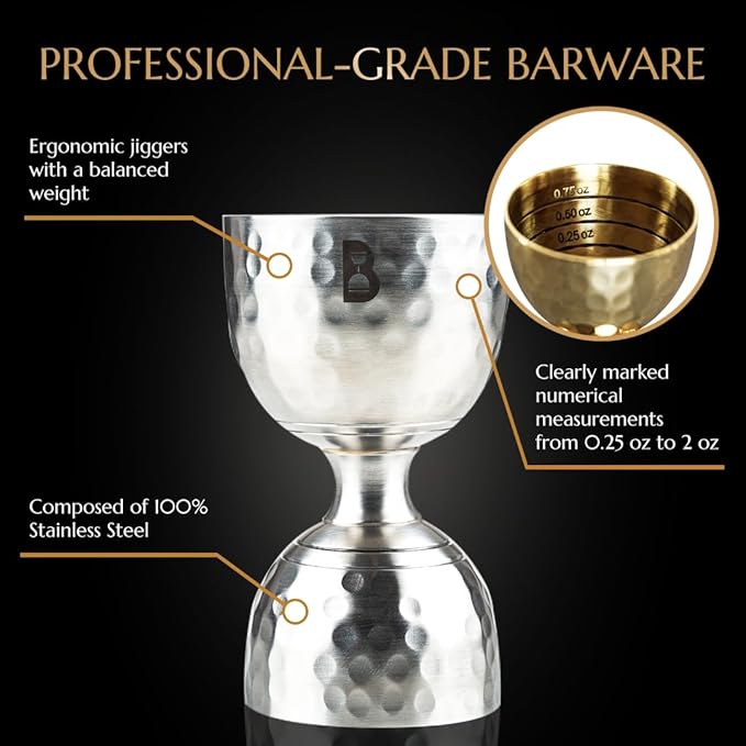 Hammered Bell Jigger by Bull In China - Premium Stainless Steel with 0.25oz to 2oz Measures for Cocktails, Bars & Bartenders