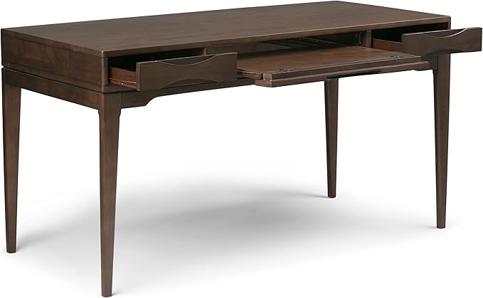 SIMPLIHOME Harper Desk - 60-Inch Wide Solid Hardwood Writing Desk in Walnut Brown, Mid-Century Modern Home Office Computer Table for Workspace or Study with 2 Drawers and Flip-Down Keyboard Tray